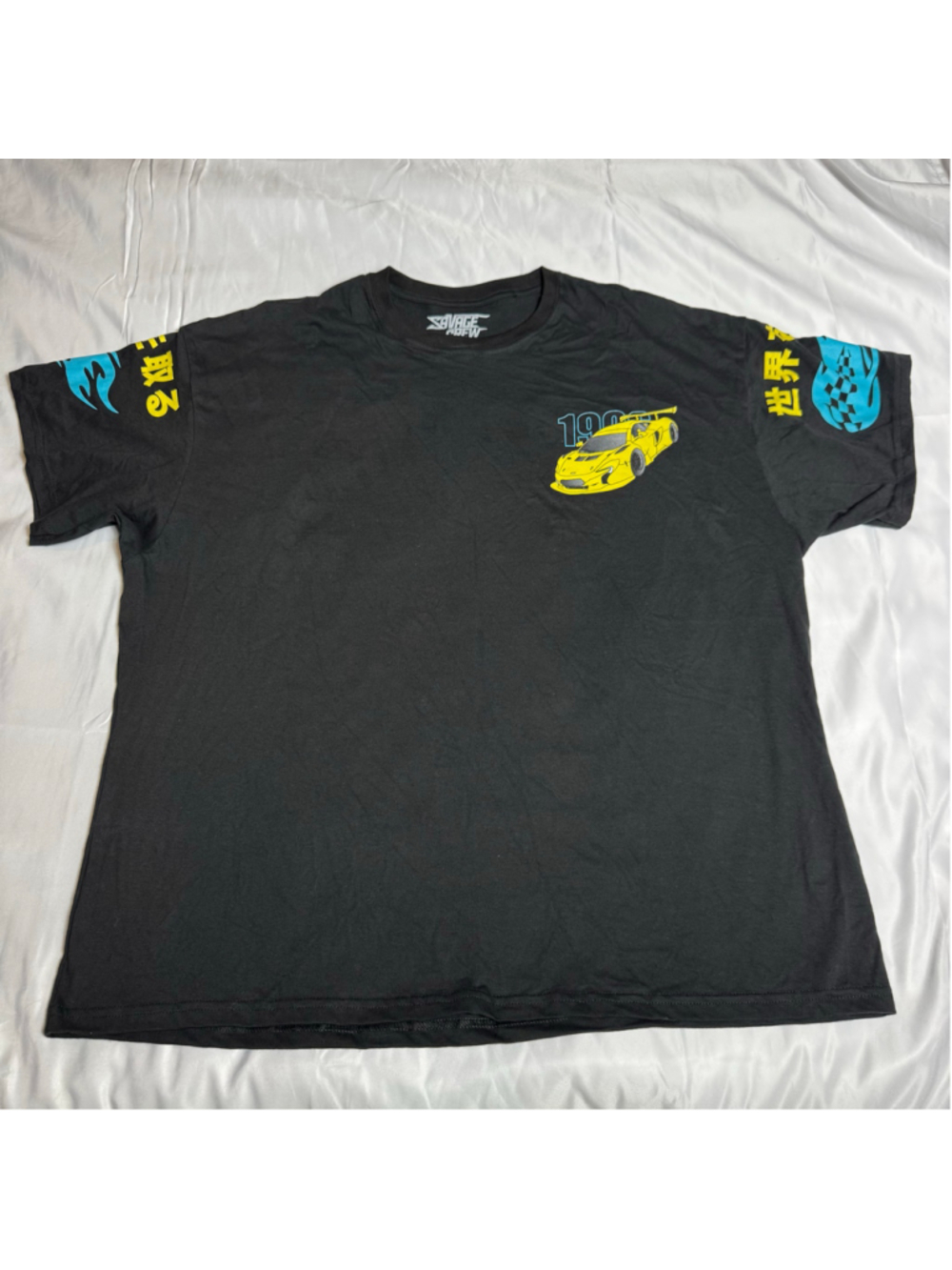 Men's Savage Crew Graphic Tee XXL Black Yellow Short Sleeve Car Print Shirt